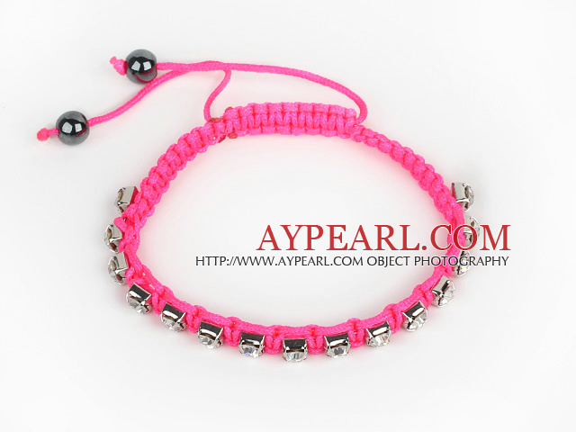 5 Pieces Hot Pink Thread and White Square Shape Rhinestone and Hematite Woven Adjustable Drawstring Bracelets