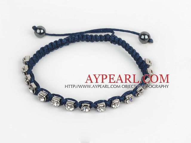 5 Pieces Blue Black Color Thread and White Square Shape Rhinestone and Hematite Woven Adjustable Drawstring Bracelets