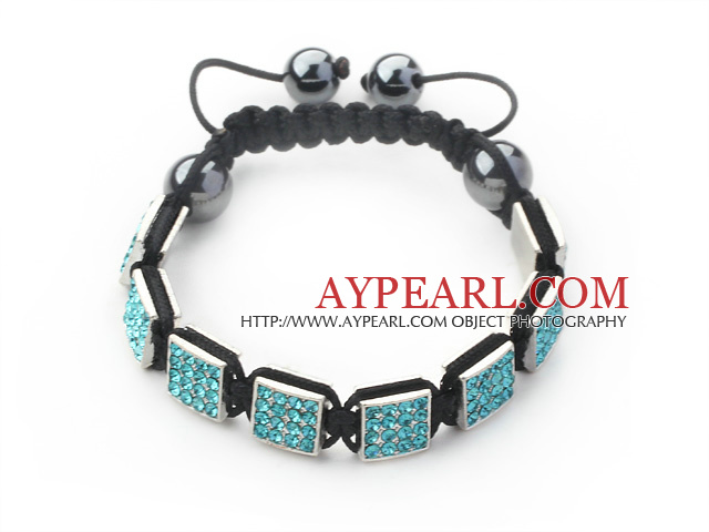 Square Shape Lake Blue Color Rhinestone Sheet and Hematite and Black Thread Woven Adjustable Drawstring Bracelet