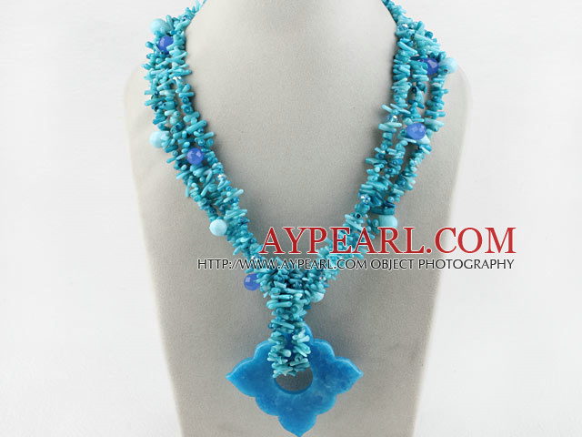 Three Strand Blue Coral and Blue Crystal and Kyanite Necklace