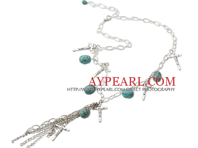 Lovely Long Chain Loop Style Burst Pattern Blue Turquoise And Crosses Y Shape Necklace