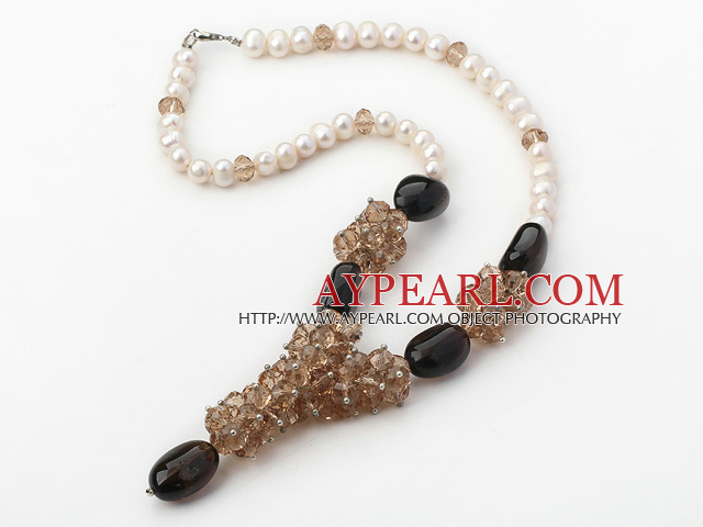 Elegant White Freshwater Pearl And Cluster Smoky Quartz Pendant Necklace