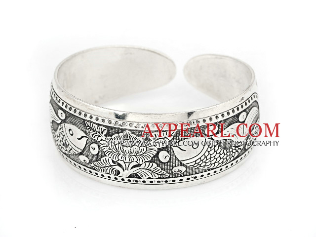 Fashion Style Carved Double Fish Pattern Bold Adjustable Metal Bangle Bracelet