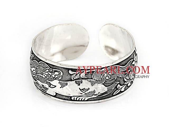 Classic Style Carved Dargon Pattern Bold Adjustable Metal Bangle Bracelet