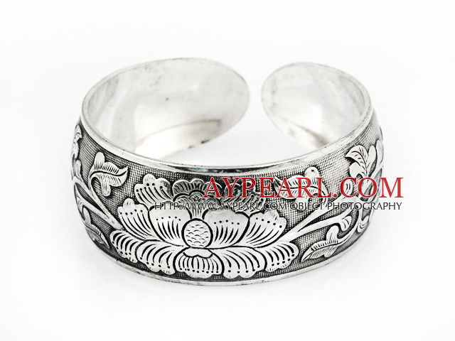 Fashion Style Carved Big Peony Pattern Bold Adjustable Metal Bangle Bracelet