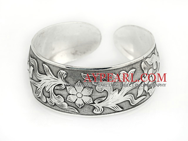 Simple Style Carved Flower Pattern Bold Adjustable Metal Bangle Bracelet