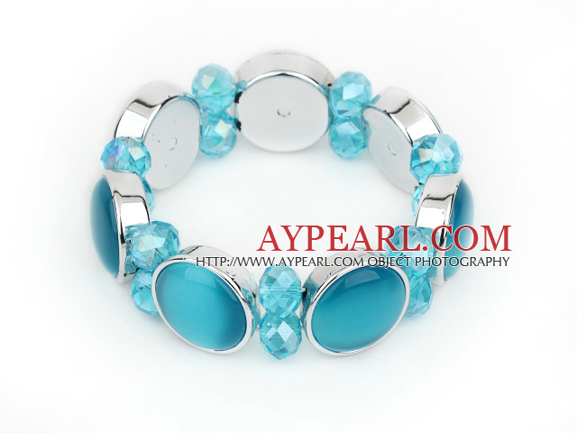 Fashion Style Lake Blue Color Cats Eye and Blue Crystal Stretch Bangle Bracelet