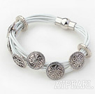 White Leather Bracelet with Round Shape Flower Metal Accessories