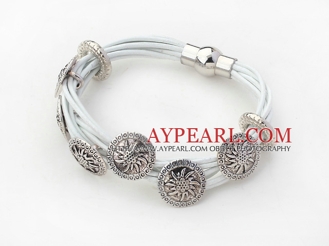 White Leather Bracelet with Round Shape Flower Metal Accessories