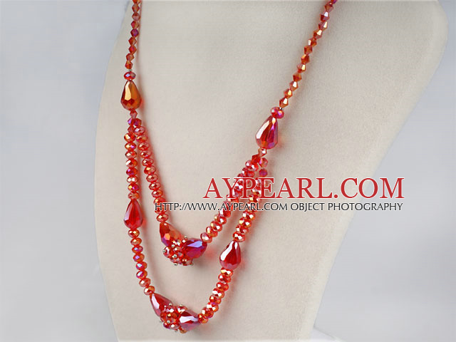 double strand red Czech crystal necklace with extendable chain