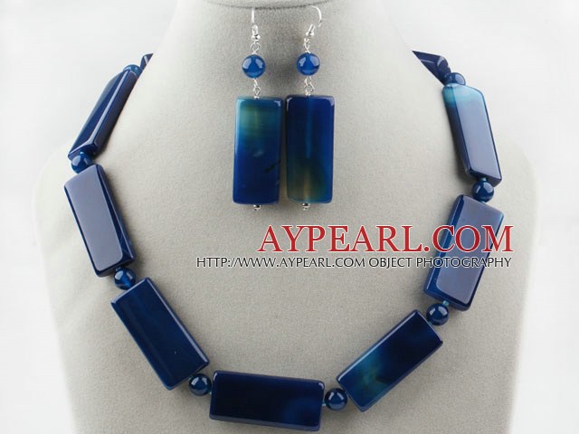 Rectangle Shape Dark Blue Agate Set ( Necklace and Matched Earrings )