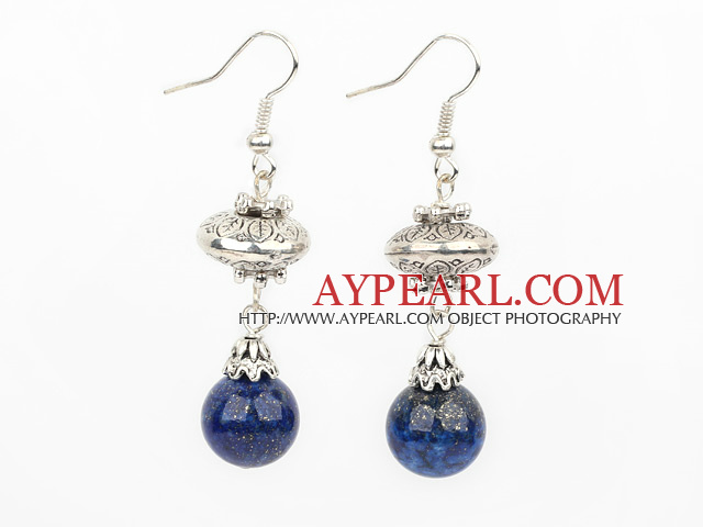 Simple Style Round Lapis And Tibet Silver Charm Earrings With Fish Hook