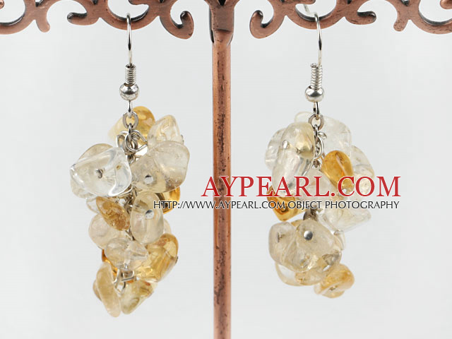 Lovely Cluster Style 6-8Mm Citrine Chipped Dangle Earrings With Fish Hook