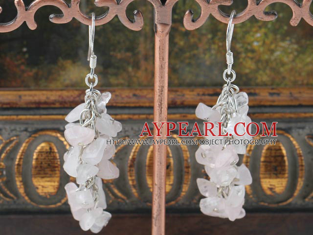 Fashion Cluster Style Rose Quartz Chips Loop Dangle Earrings With Fish Hook