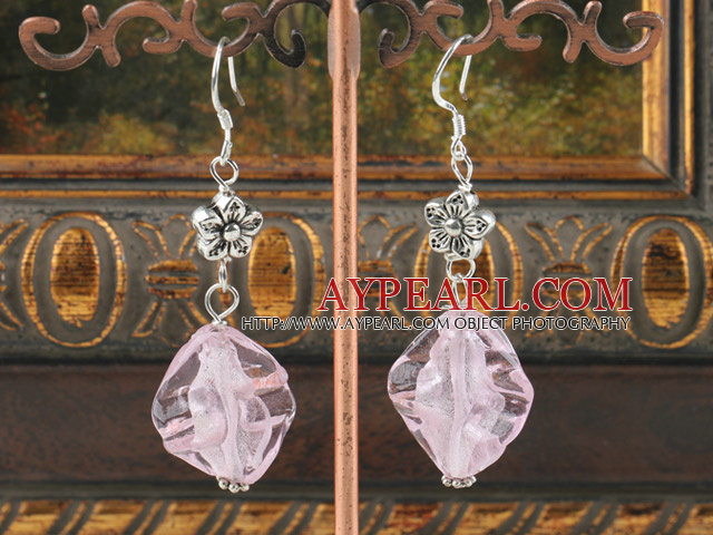 Lovely Pink Colored Glaze And Flower Charm Dangle Earrings With Fish Hook