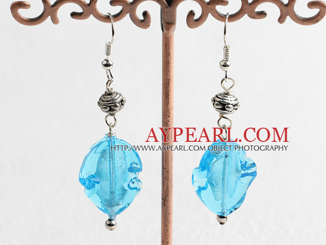 Lovely Irregular Shape Sky Blue Colored Glaze And Metal Ball Charm Dangle Earrings