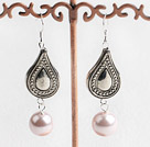 Lovely 12Mm Round Pink Shell Beads And Teardrop Metal Charm Earrings With Fish Hook