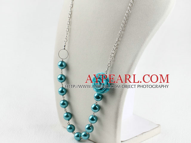 25.6 inches blue shell beads necklace with flower