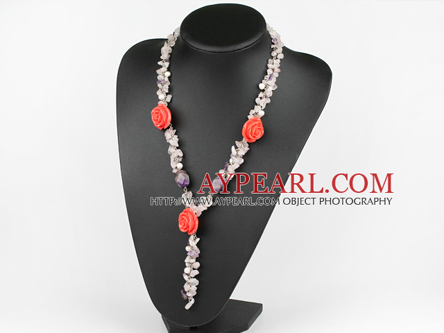 Y shape pearl rose quartze amethyst flower necklace