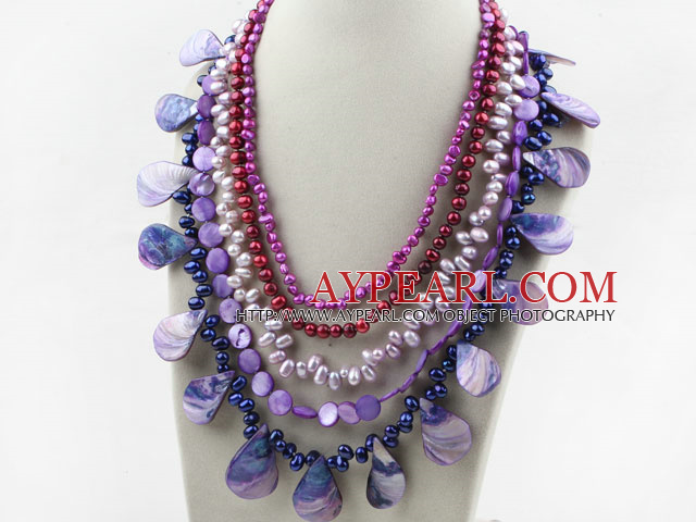 Purple Series Five Strands White Freshwater Pearl and Purle Shell Necklace