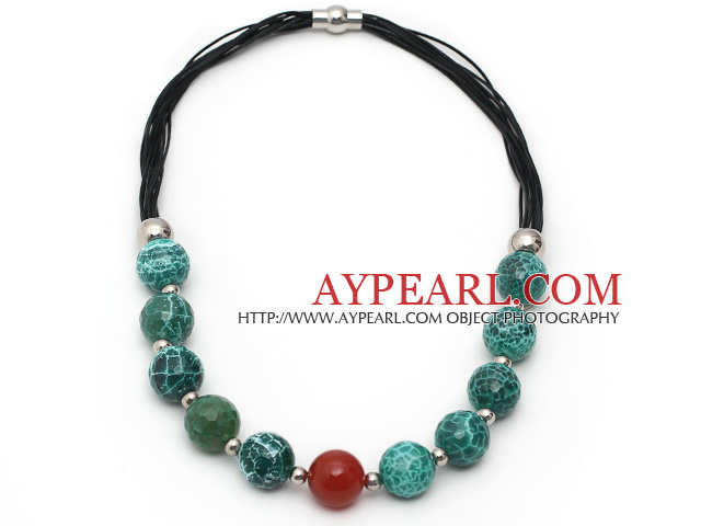 Green Series Round Fire Agate and Carnelian Leather Necklace with Magnetic Clasp