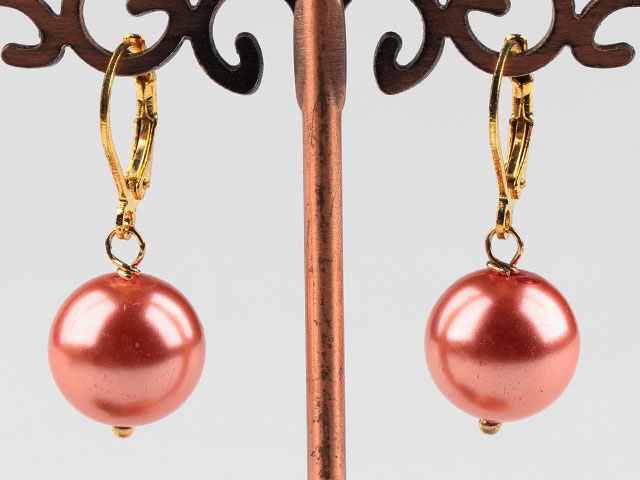 Cute 12Mm Orange Red Shell Beads Drop Earrings With Golden Lever Back Hook