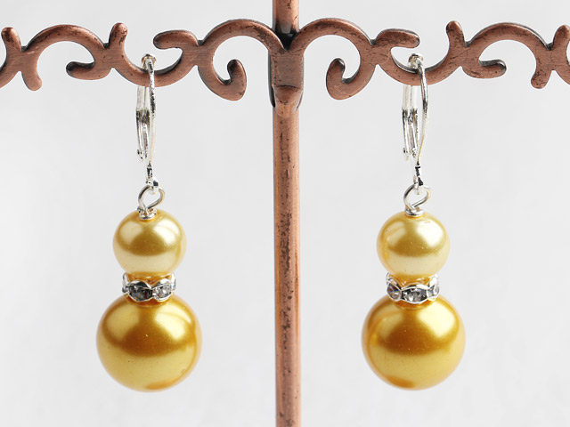 Cute Short Style 8-12Mm Yellow Round Shell Beaded Drop Earrings With Lever Back Hook