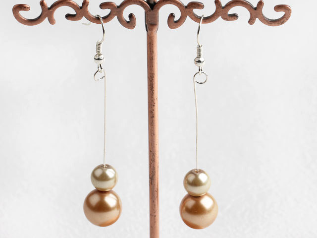 Lovely Long Dangling Style Gold Round Shell Beads Drop Earrings