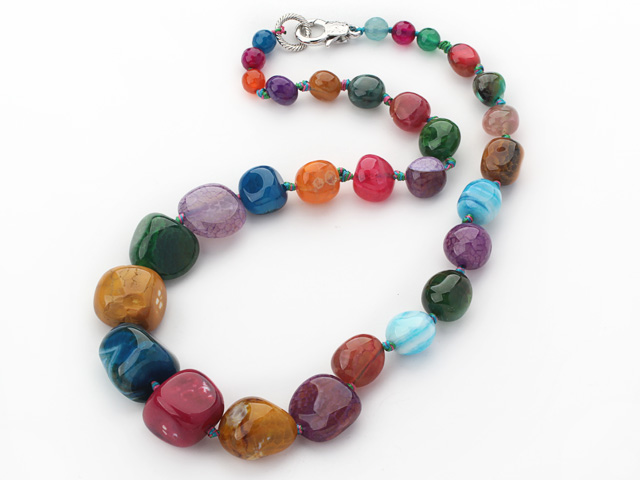 Single Strand Fillet Multi Color Brazil Burst Pattern Agate Knotted Necklace