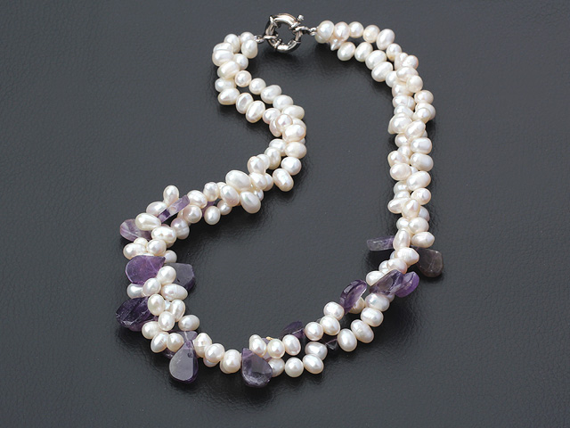 Fashion 2-Strand White Freshwater Pearl And Teardrop Amethyst Necklace With Moonight Clasp