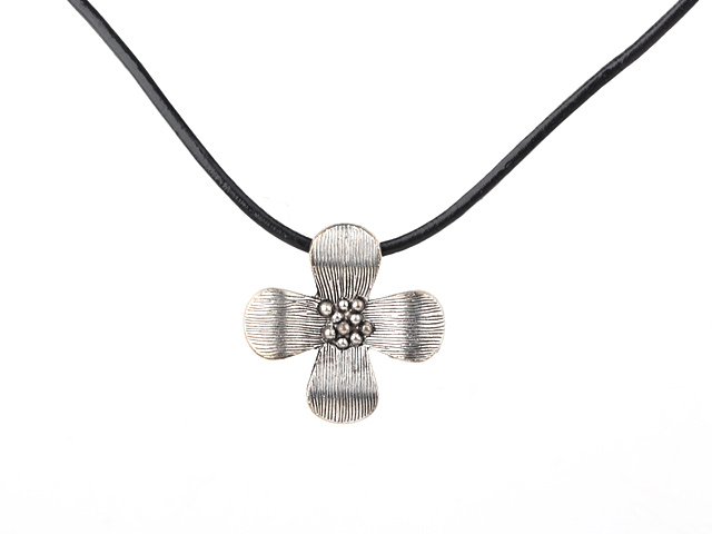 Fashion Fan Flower Shape Tibet Silver Pendant Necklace With Black Leather Cord