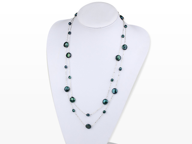 47.2 inches fashion long style green button pearl necklace