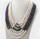 Six Strands 7-8mm Round White and Black Freshwater Pearl Necklace
