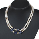 Double Rows 6-7mm Natural Freshwater Pearl and Sodalite Knotted Necklace