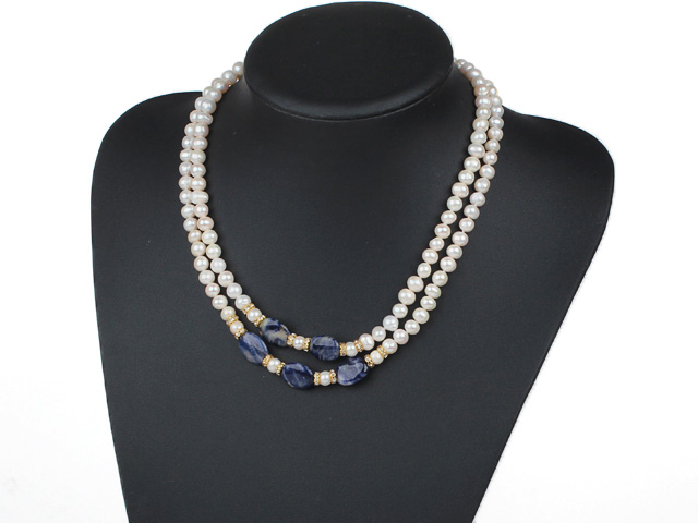 Double Rows 6-7mm Natural Freshwater Pearl and Sodalite Knotted Necklace