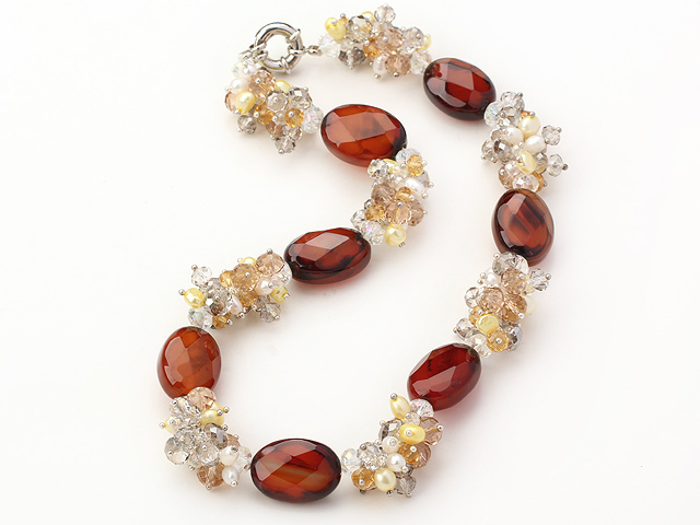 Assorted Yellow Freshwater Pearl and Crystal and Oval Shape Agate Necklace