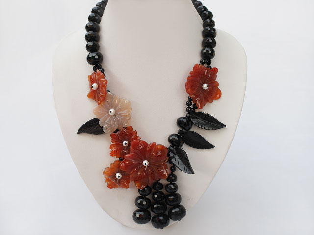 exquisite black and red agate beaded flower necklace 