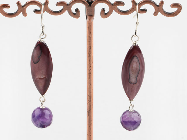 Beautiful Natural Faceted Amethyst And Eye Shape Shell Dangle Earrings