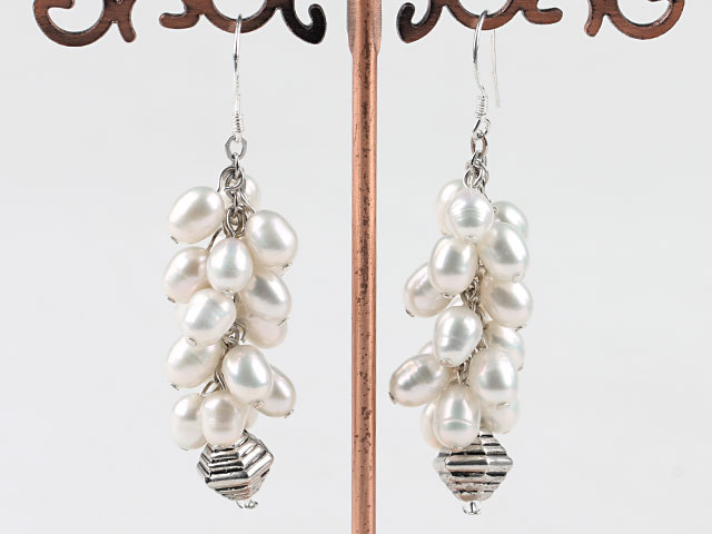 Nice Cluster Style White Freshwater Pearl And Metal Charm Dangle Earrings With Fish Hook