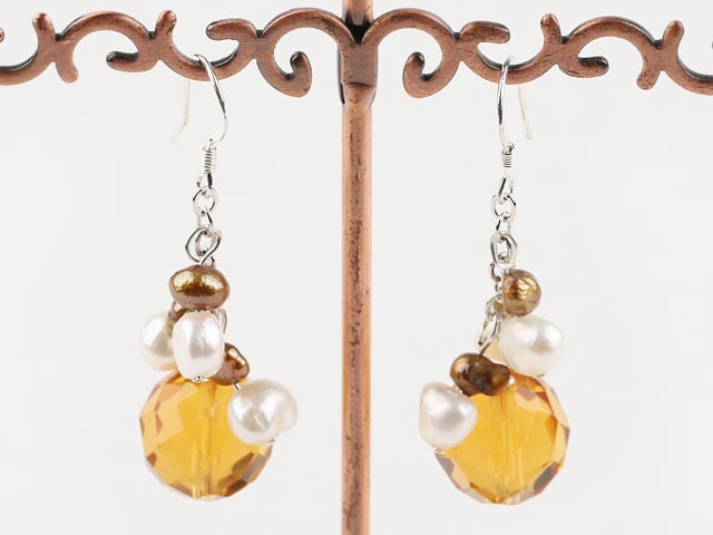Nice Golden Brown And White Freshwater Pearl And Citrine Loop Dangle Earrings With Fish Hook
