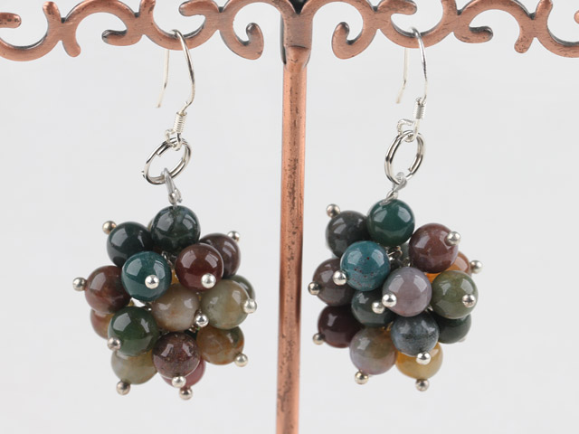 Lovely Cluster Style Round Colorful Indian Agate Ball Dangle Earrings With Fish Hook