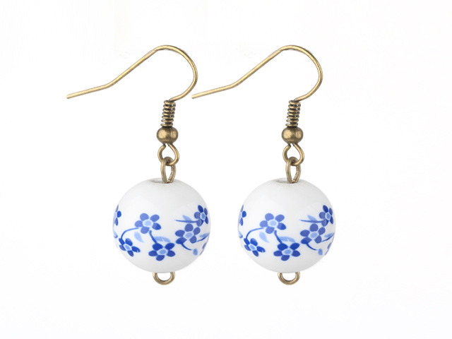Classic Design Round Blue and White Porcelain Beads Earrings