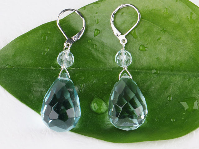 Popular Drop Shape Aquamarine Blue Manmade Crystal Earrings With Lever Back Hook