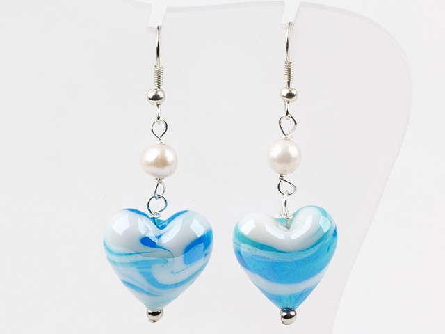 Heart Shape White and Blue Colored Glaze Charm Earrings