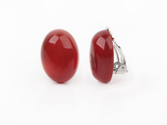 Simple Design Oval Shape Red Carnelian Clip Earrings