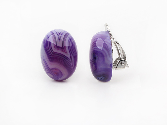 Simple Design Oval Shape Purple Agate Clip Earrings