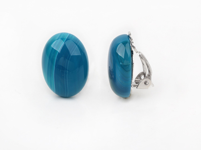 Simple Design Oval Shape Blue Agate Clip Earrings