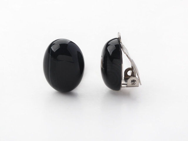 Classic Design Oval Shape Black Agate Clip Earrings