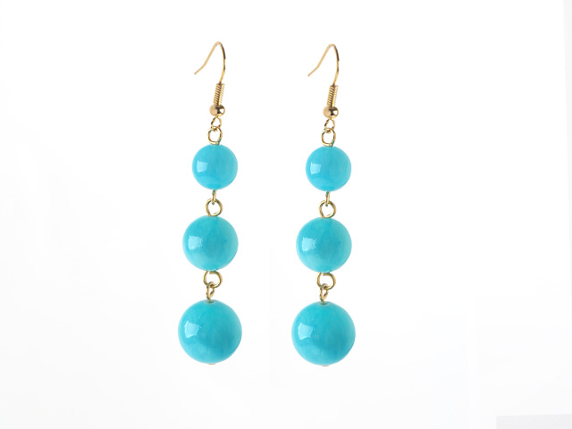 Long Style Lake Blue Round Candy Jade Dangle Earrings