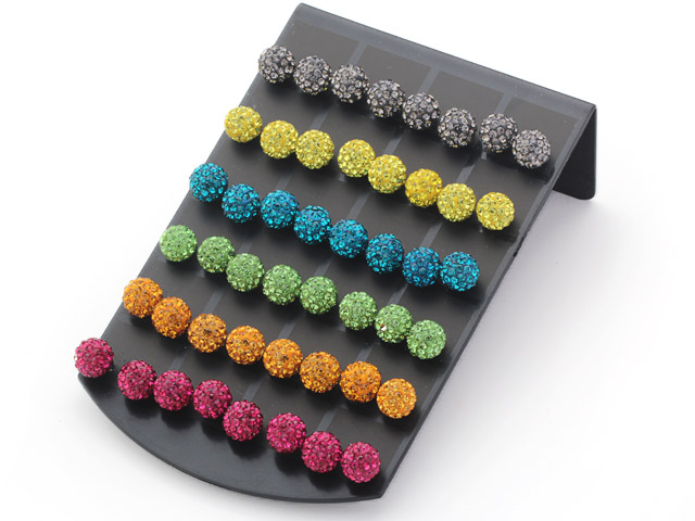 24 Pairs Multi Color 10mm Round Shape Rhinestone Studs Earrings ( Total 24 Pairs )